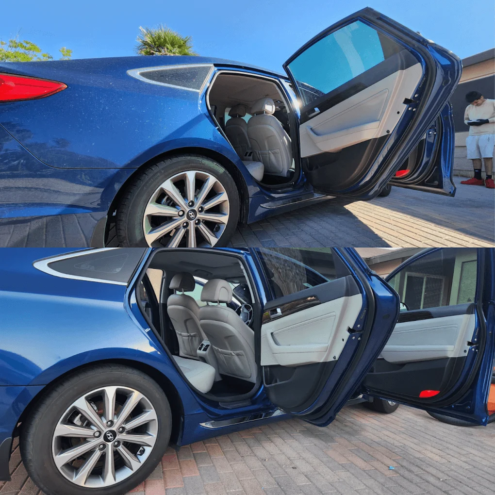Before-and-after view of a blue sedan interior detailed by First Place Finish