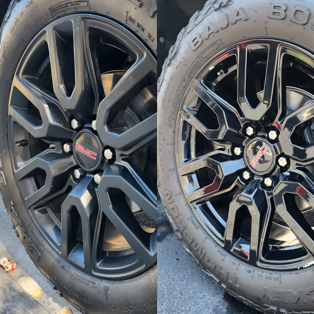 Before-and-after comparison of a GMC wheel detail