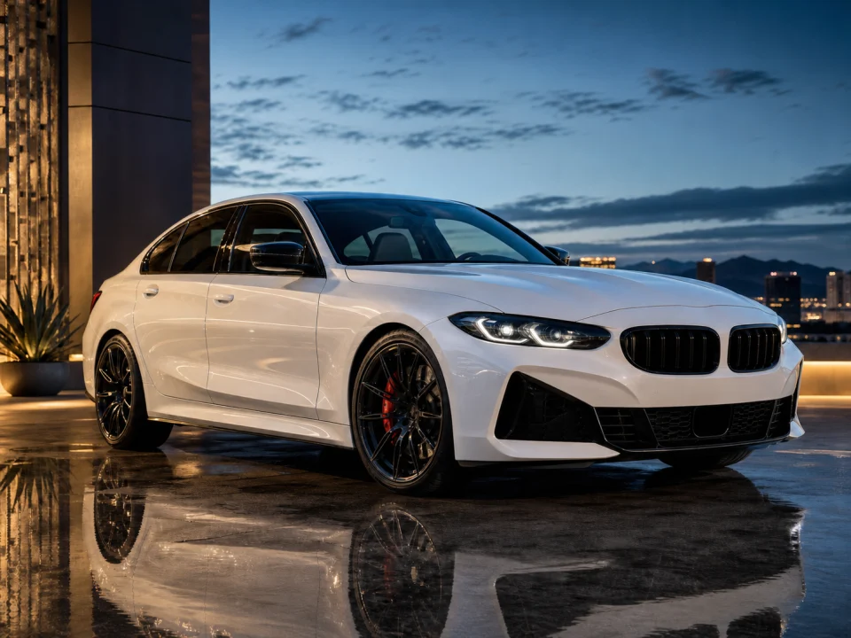 Illustrative view of a polished pearl-white sedan exterior